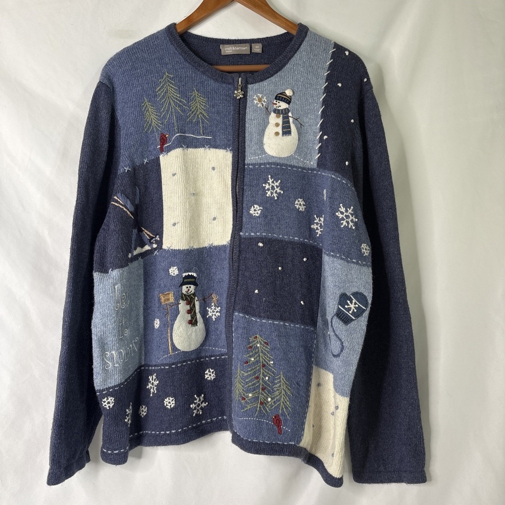 Vtg Croft & Barrow Women 3X Christmas Zip Cardigan Patchwork Sweater Grandmacore